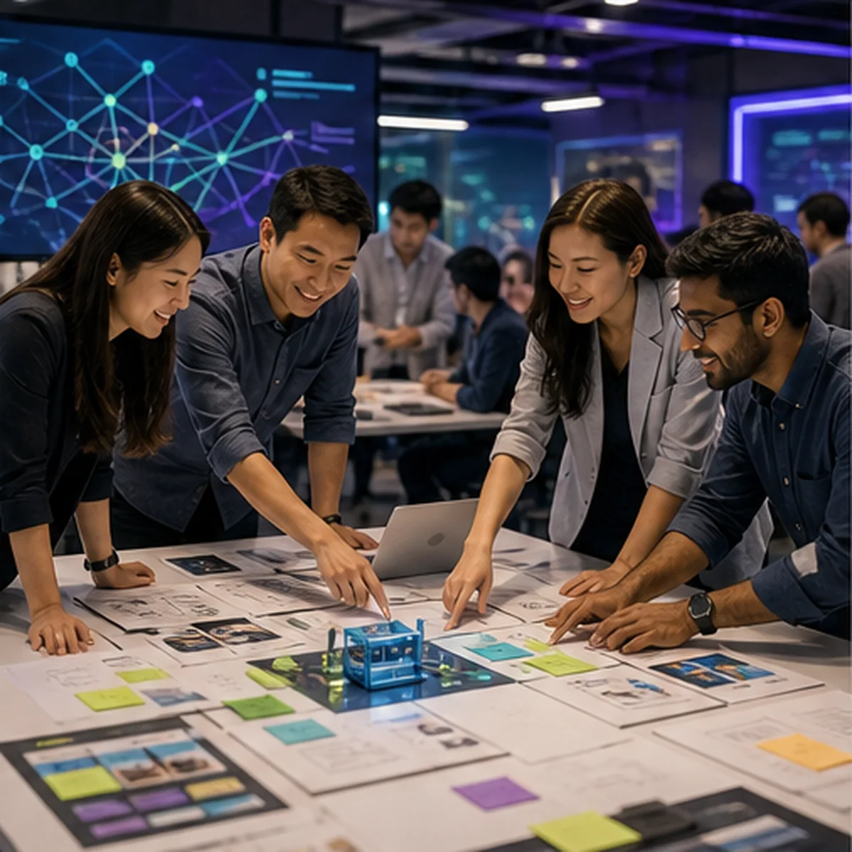 Cross-functional team rapidly prototyping an AI-powered business solution