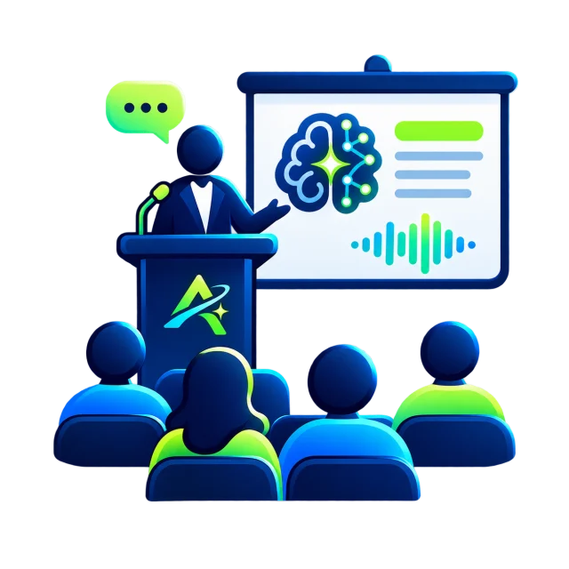 An AI seminar speaker presenting practical artificial intelligence to a company audience