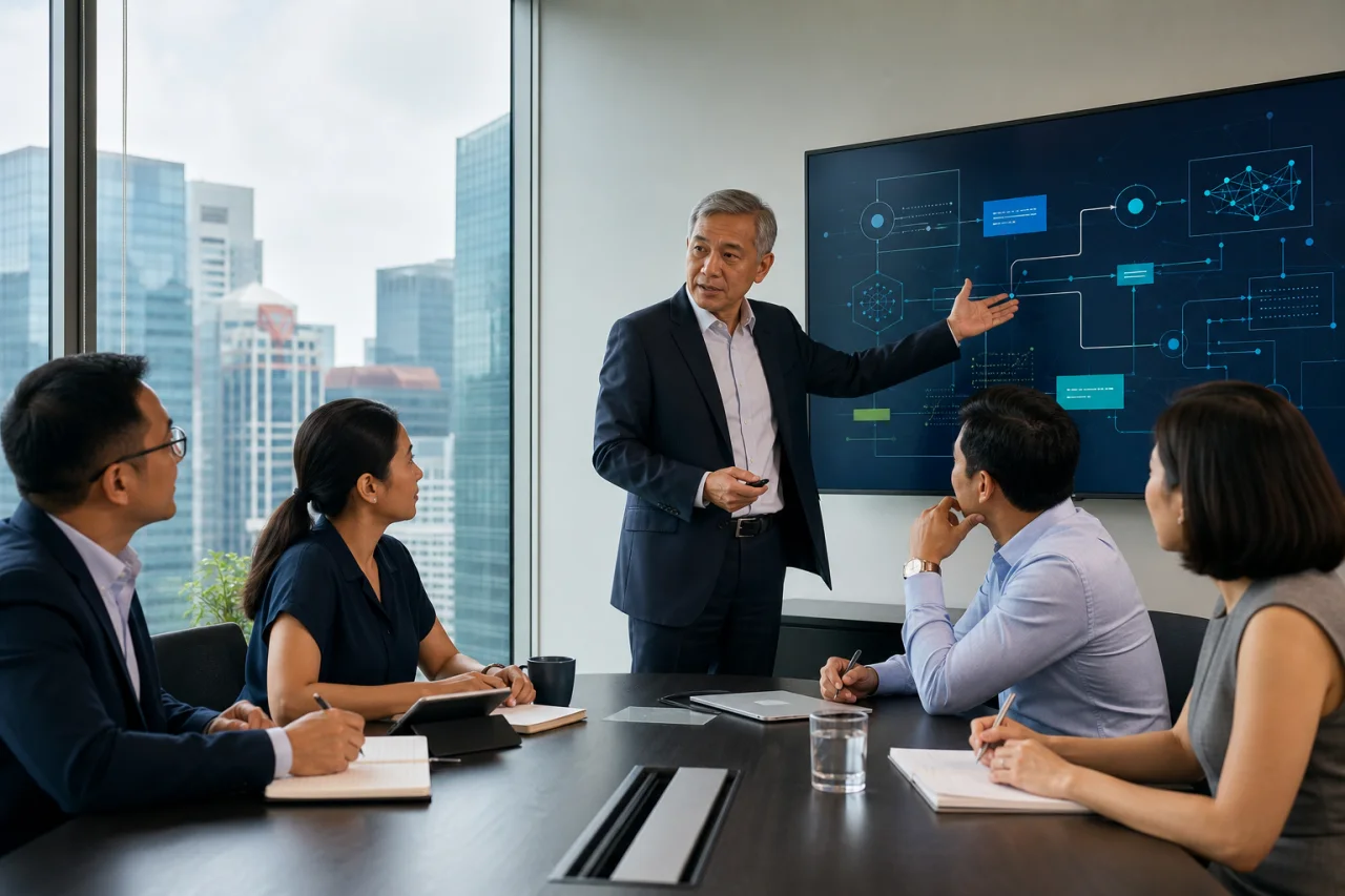 Senior corporate AI facilitator leading a practical working session with a Singapore leadership team