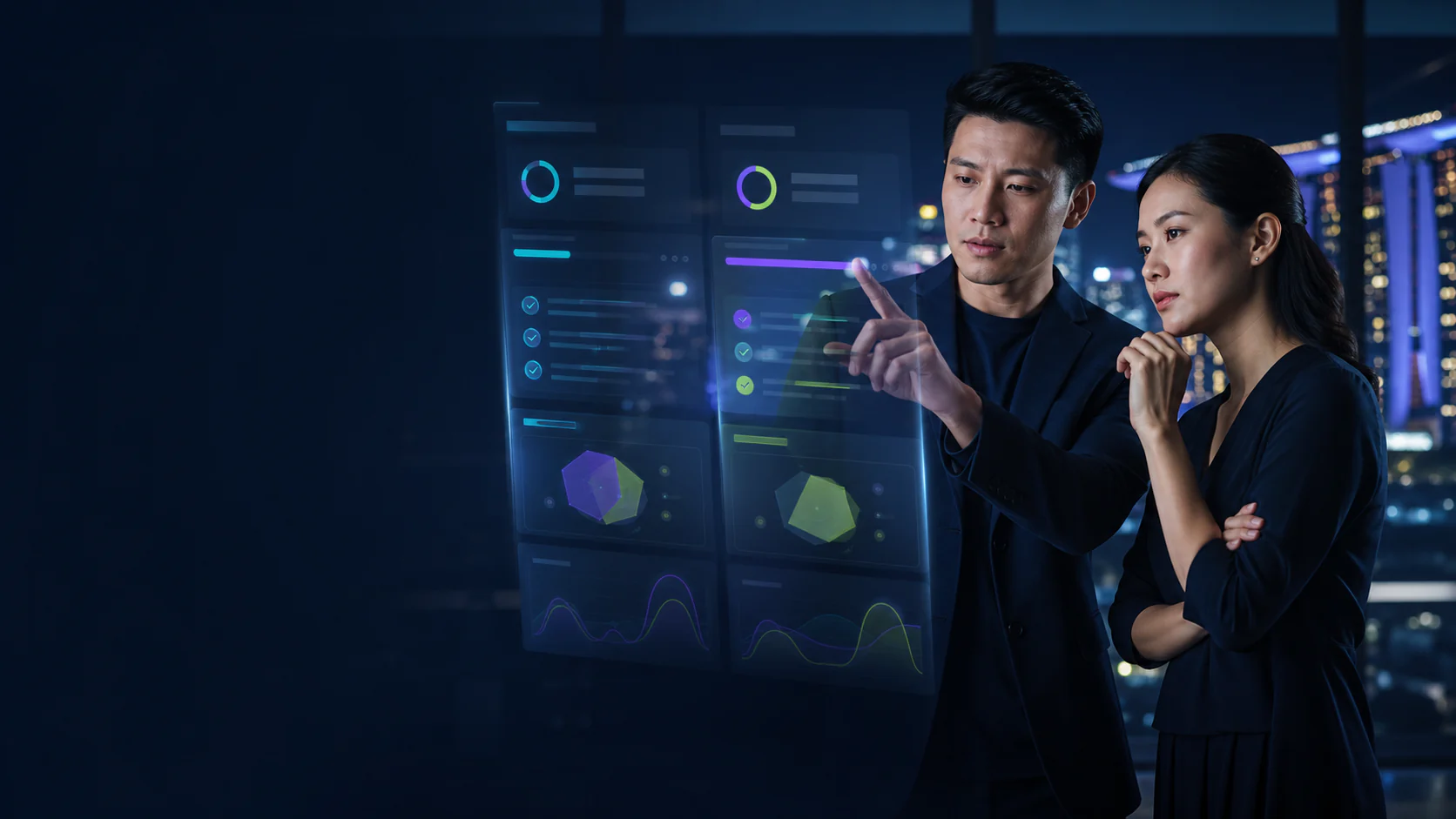 Two business specialists comparing AI tools using evidence and practical criteria