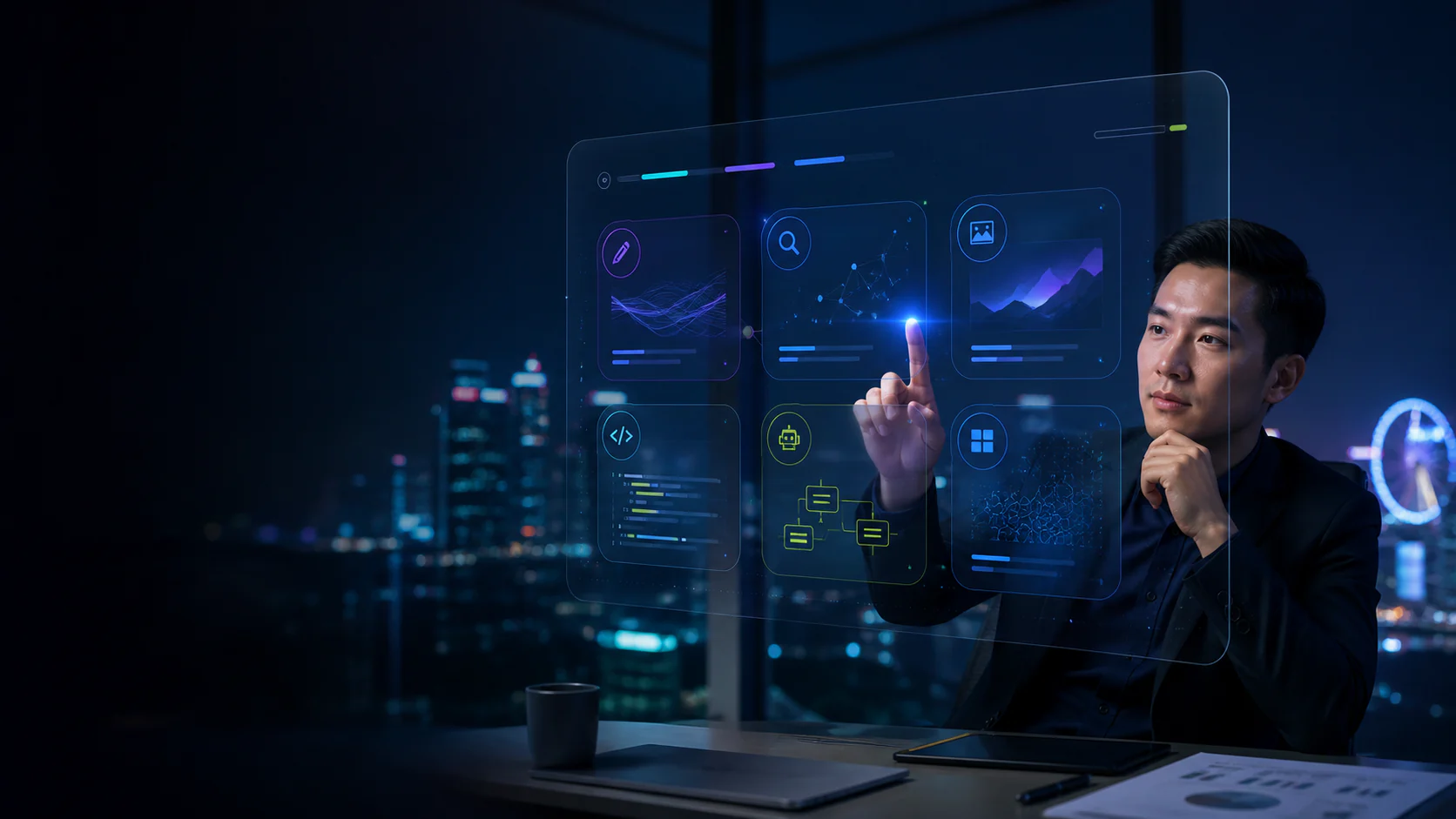 Business professional evaluating a curated directory of AI capabilities