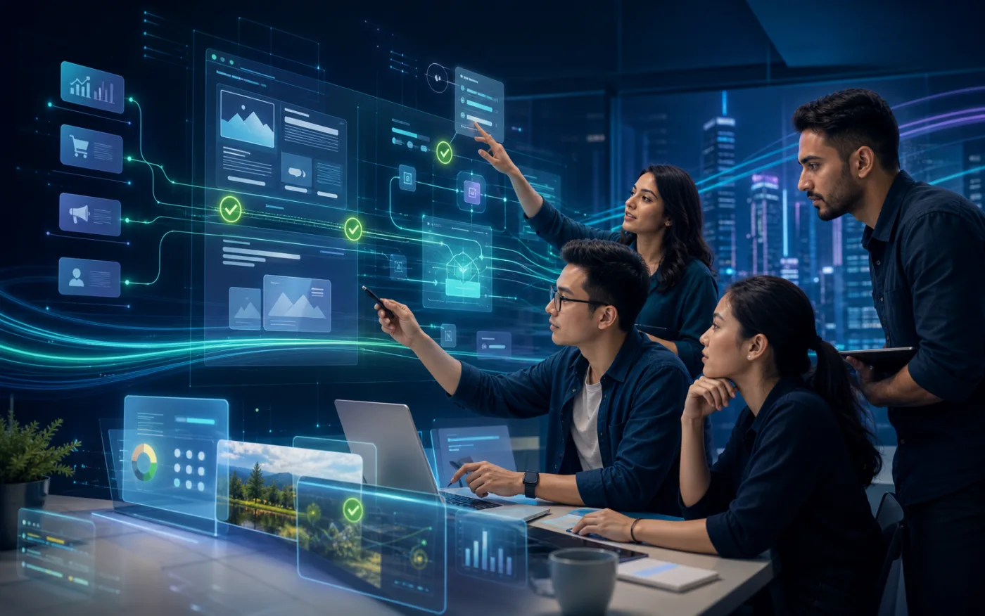 A collaborative team directing and verifying practical AI workflows for websites, marketing and business systems