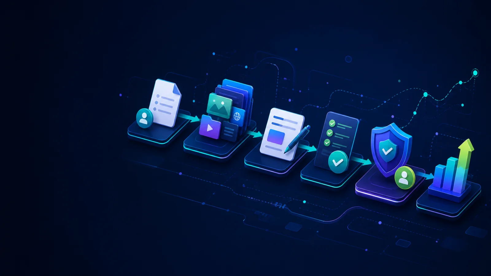 Connected workflow stages moving from a brief through research, drafting, review, approval and business outcome