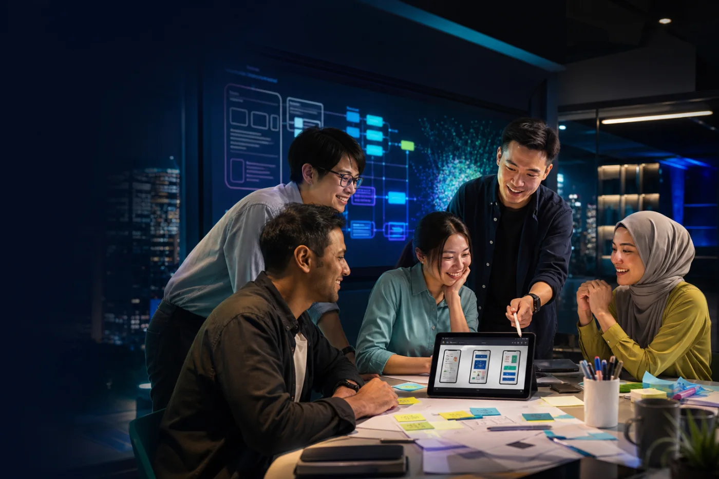 Colleagues collaborating through an Applied AI Team Building challenge