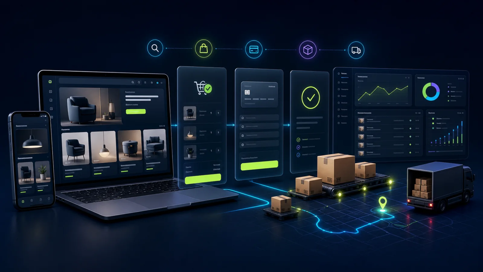 Complete ecommerce journey connecting responsive shopping, checkout, order management, analytics and delivery