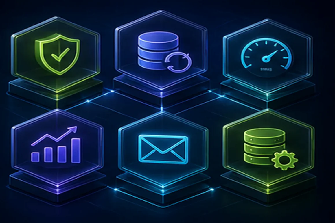 Modular hosting add-ons for security, backups, performance, email and monitoring