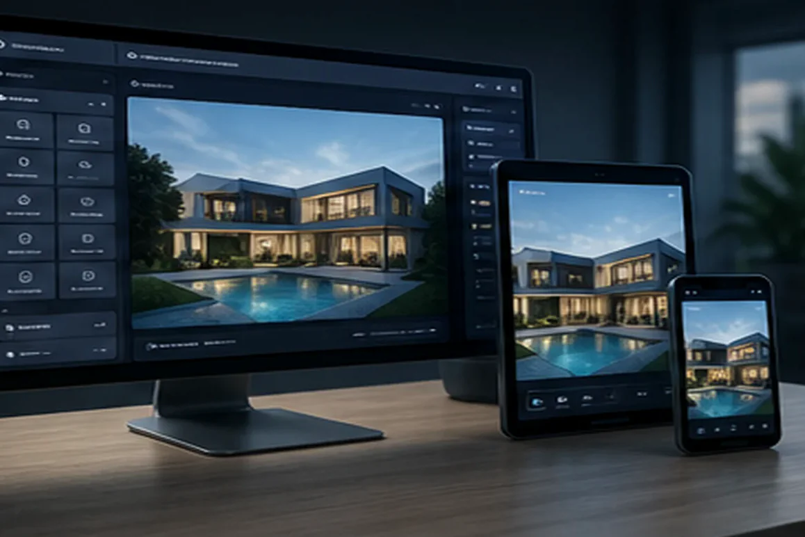 Visual website builder editing a responsive site across desktop and mobile