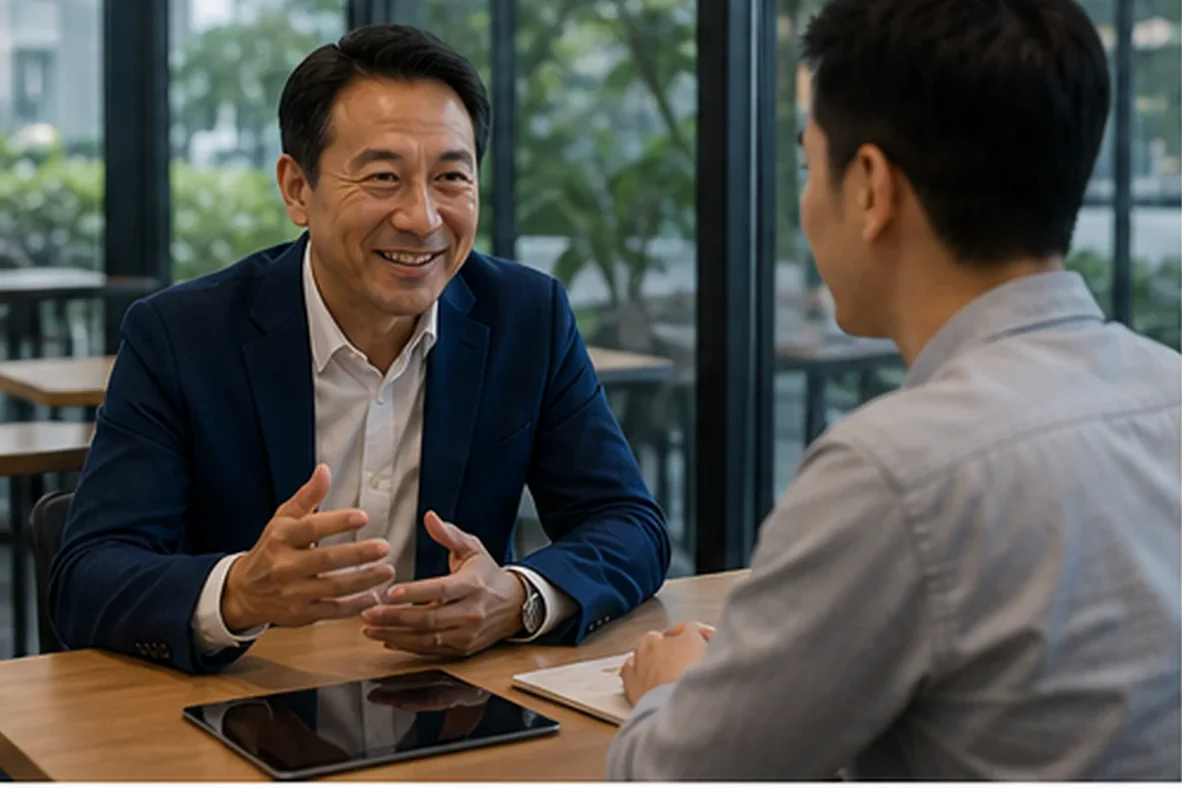 Senior Webz Fusion consultant discussing a digital project with a Singapore business owner
