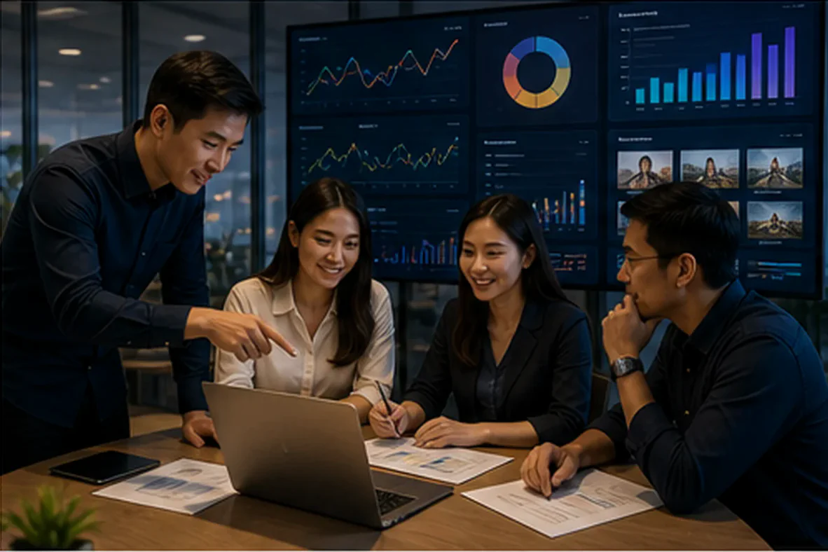 Digital marketing team reviewing search, paid media, content and campaign analytics