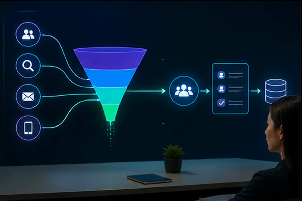 Lead generation journey connecting campaign touchpoints to qualified enquiries and CRM follow-up