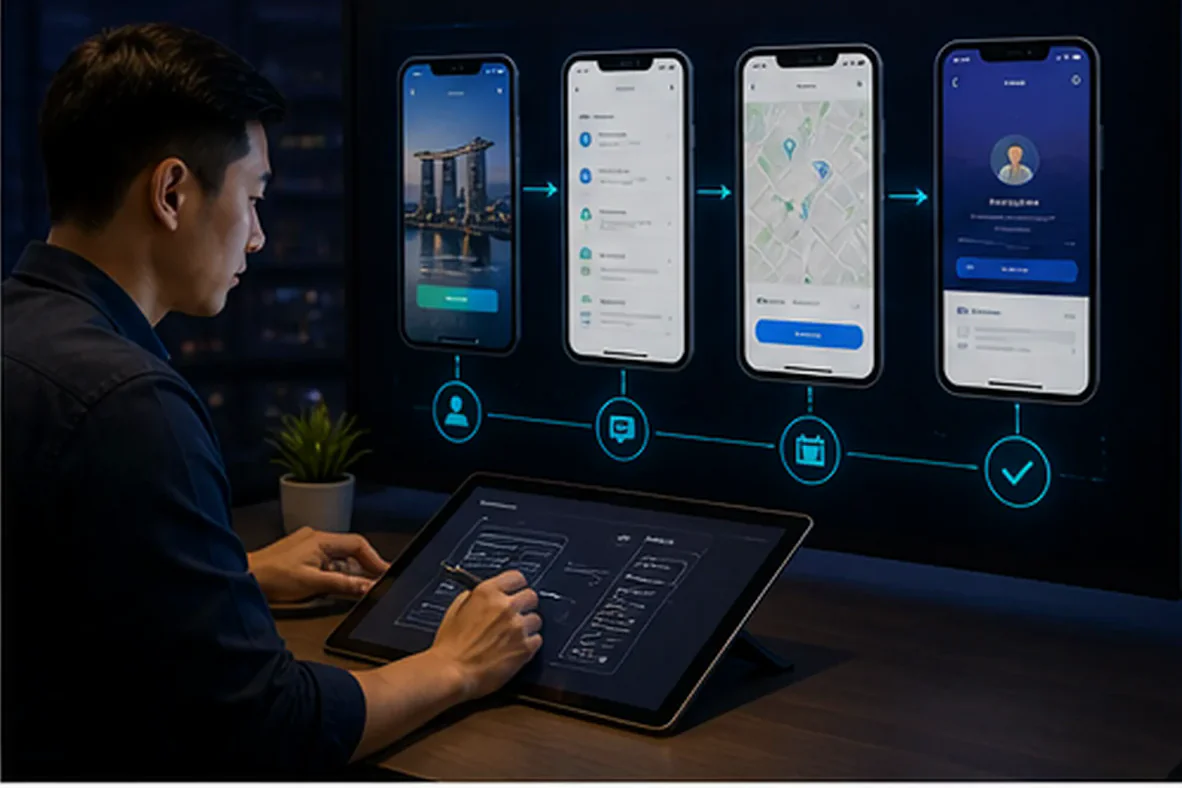 Mobile application product journey across smartphone interface screens
