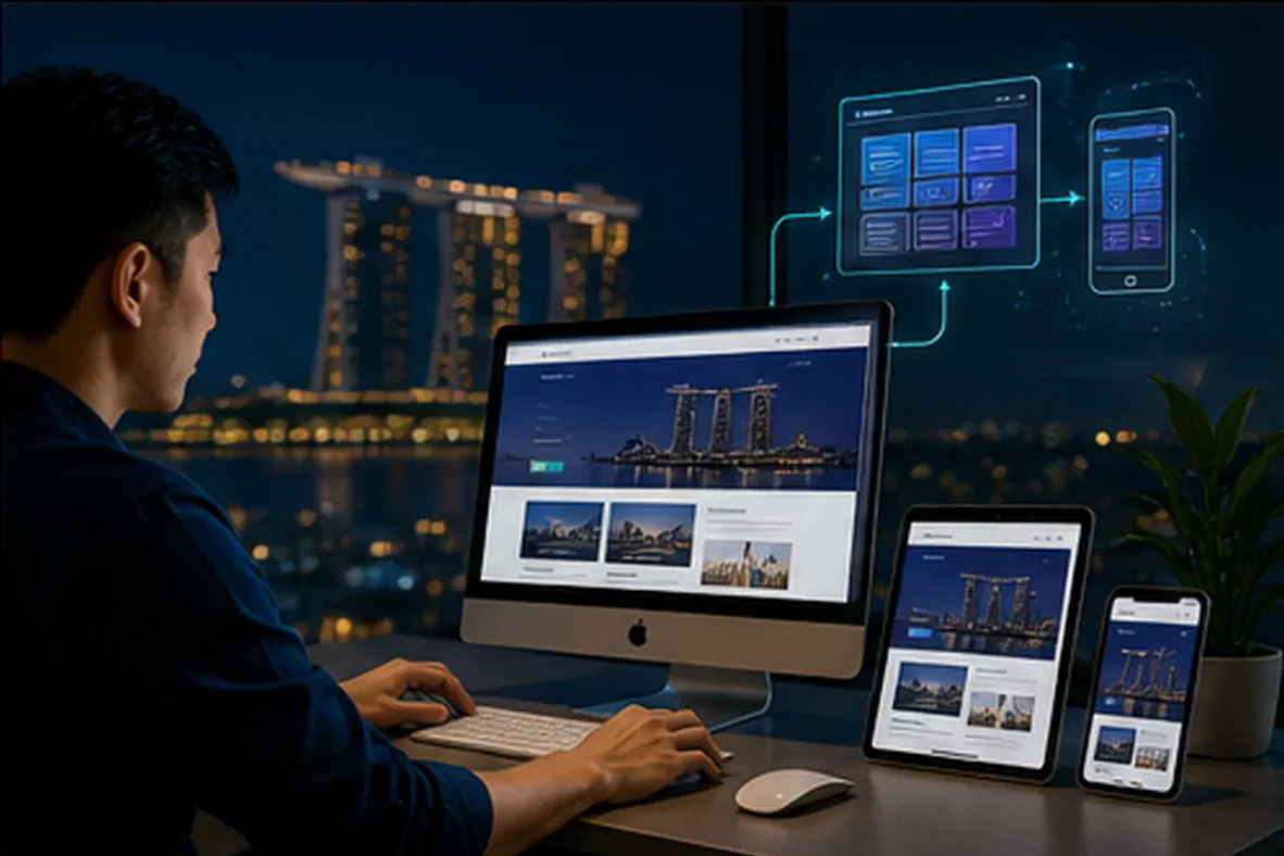 Responsive website design shown across desktop, tablet and mobile screens in Singapore